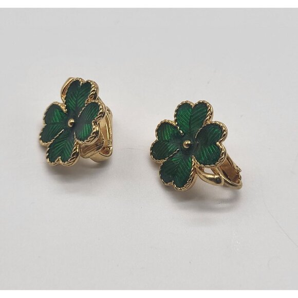 Avon Green Enamel Gold Tone Four Leaf Clover Clip On Earrings Vintage Signed - Picture 2 of 8